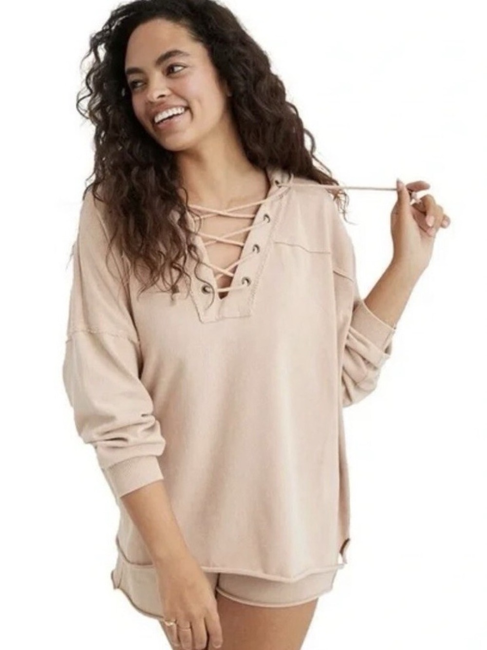 Aerie Lace-Up Pullover Hoodie in Light Beige